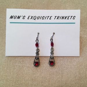 Fish Hook Silver & Red Crystal Dangle Earrings